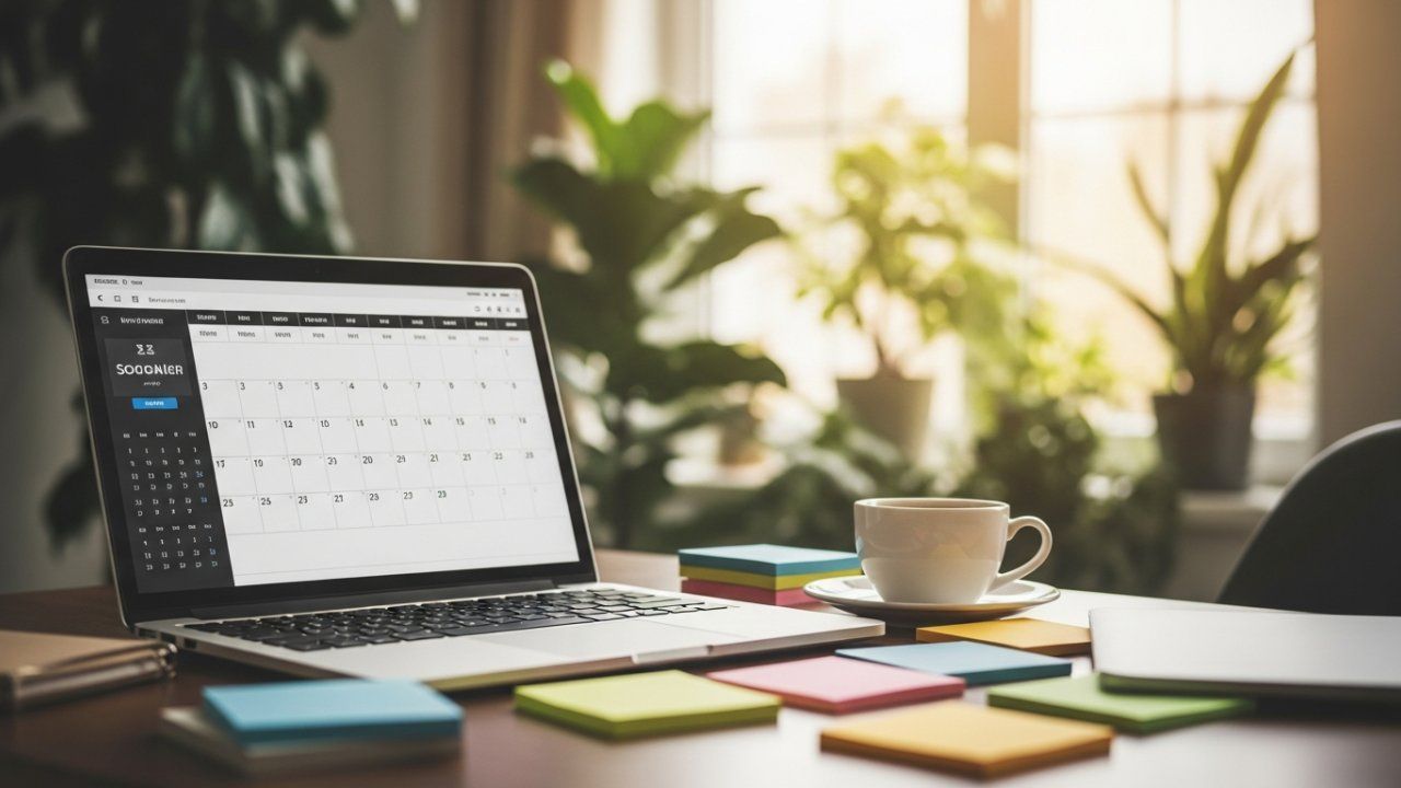 Laptop displaying calendar on a desk with coffee cup, sticky notes, and plants.