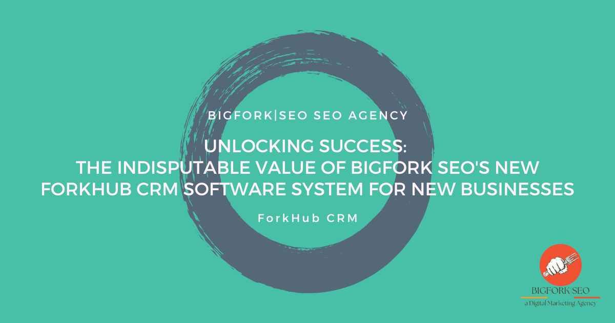 Turquoise graphic with text about Bigfork SEO's new Forkhub CRM software system.