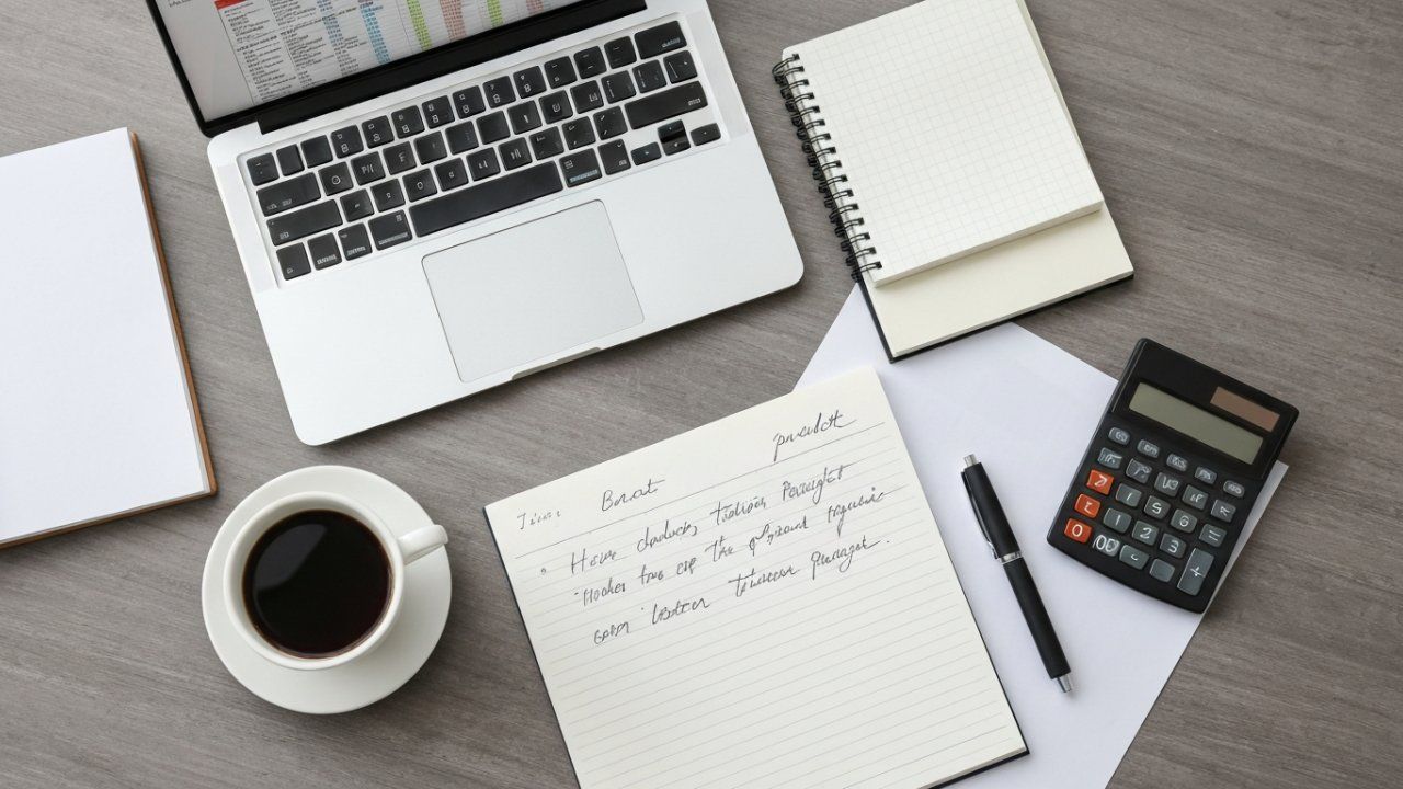 Laptop, notebooks, calculator, coffee cup, and pen on a desk.