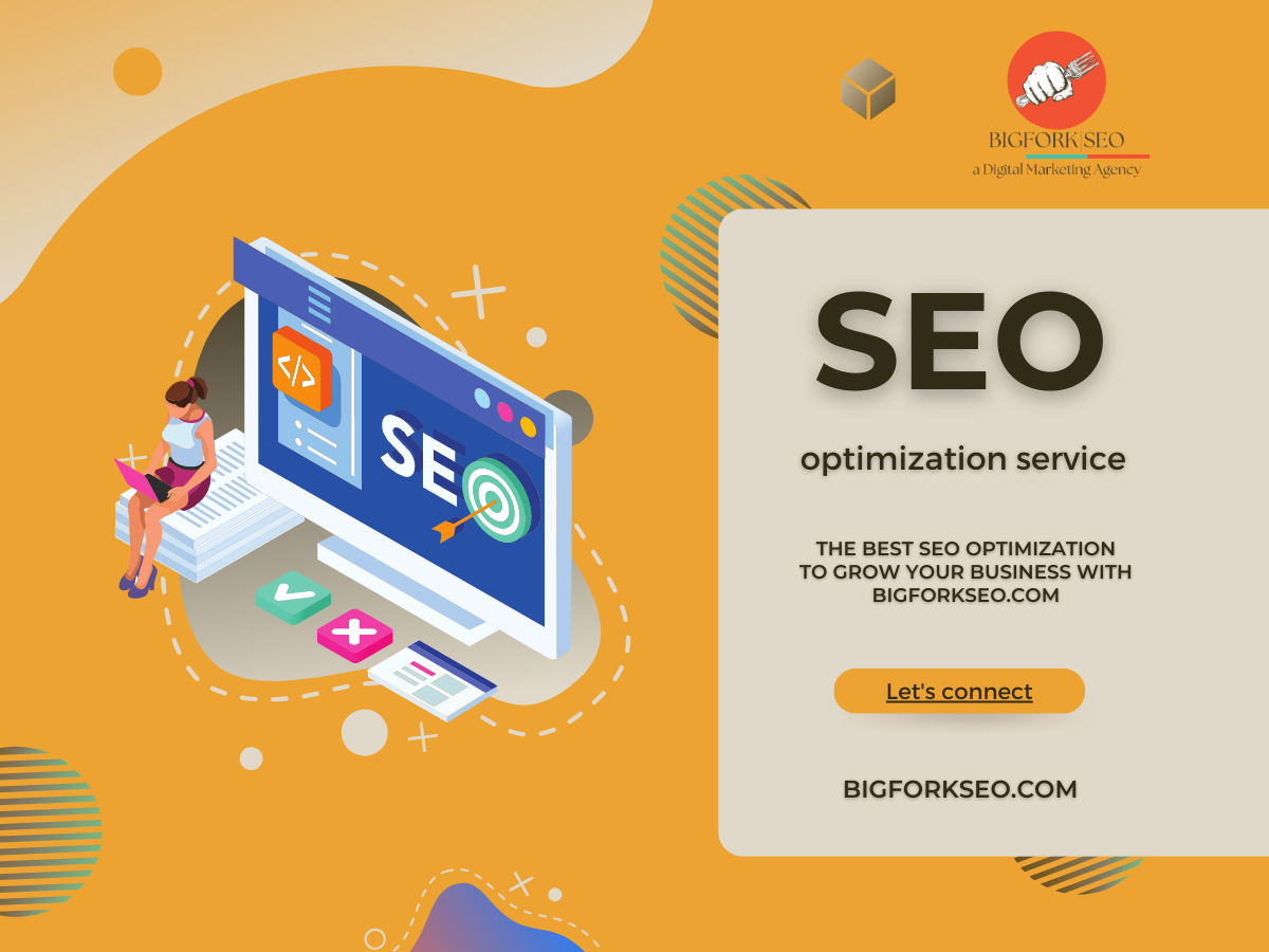 SEO optimization service advertisement with a woman at a computer.