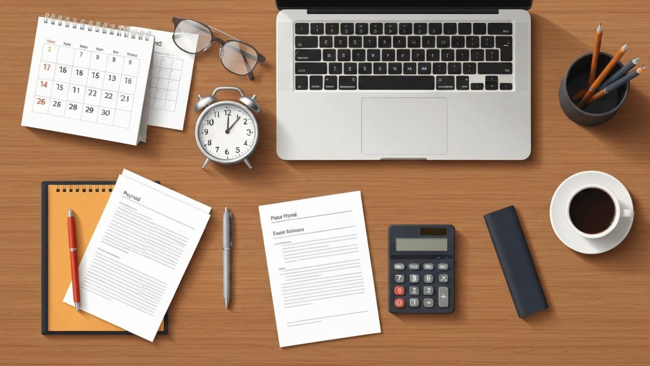 Wooden desk with laptop, papers, calculator, coffee, alarm clock, calendar, and pencils.