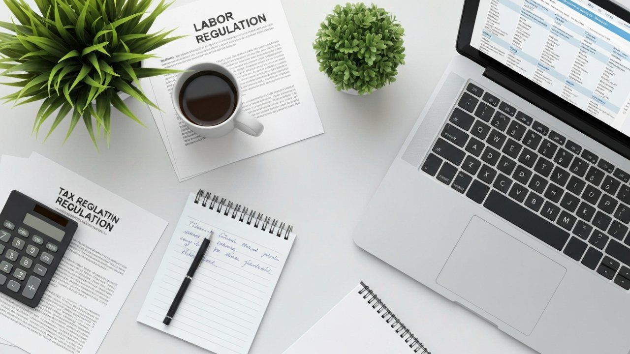 Workspace with laptop, documents, calculator, coffee, notepad, and plants.