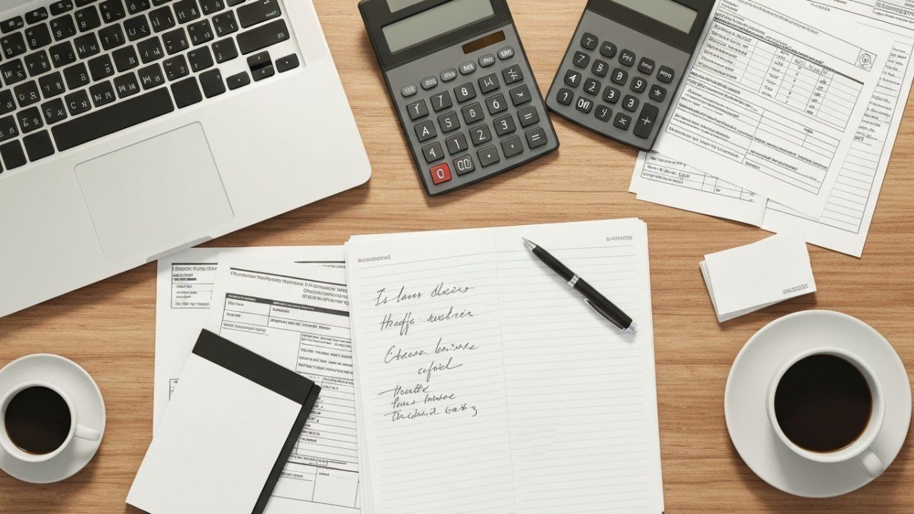 Laptop, calculators, and papers on a desk with coffee cups; financial planning or accounting.