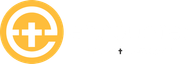 Orange circular logo with a white medical cross and curved line, plus a small black plus sign on white background