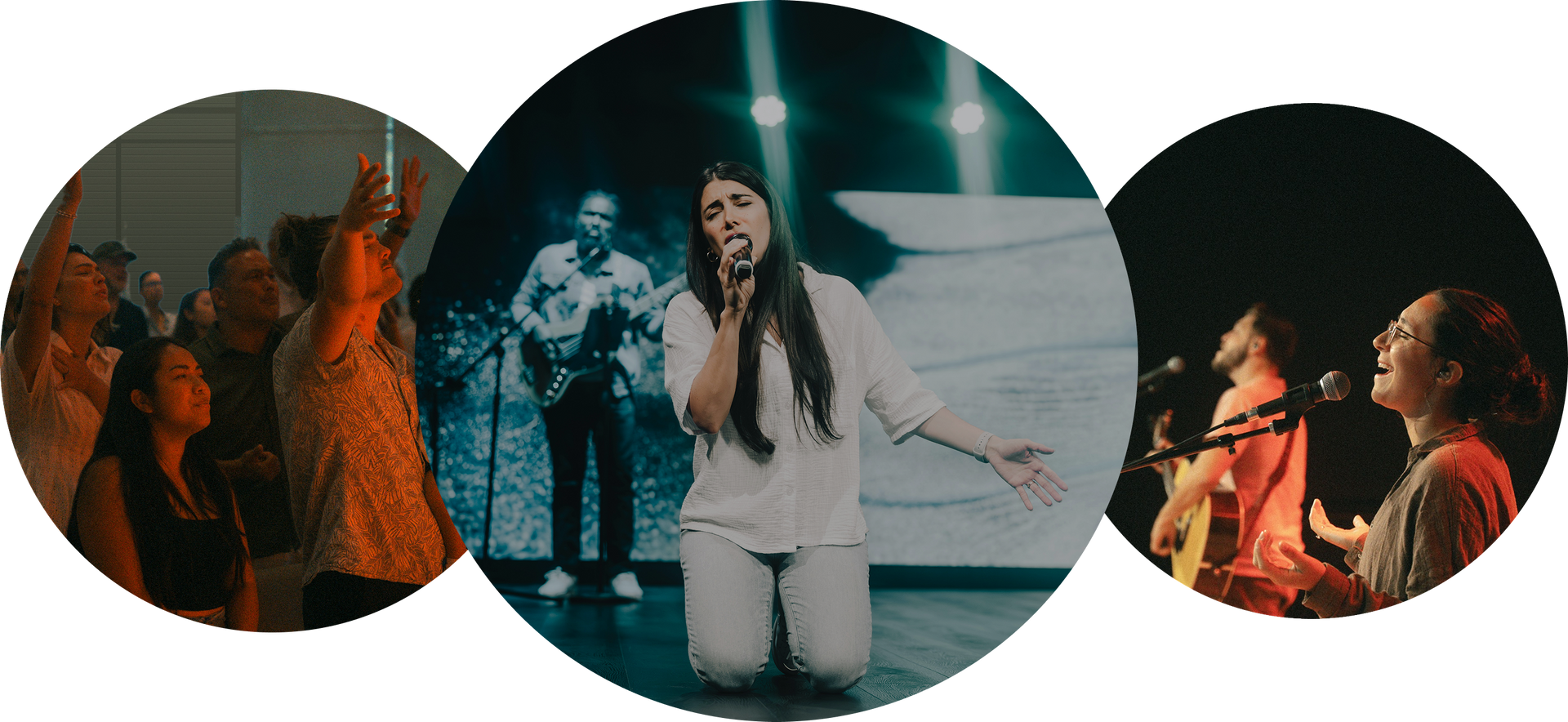 Three circular concert scenes: crowd dancing, singer onstage under teal lights, and a band performing side view