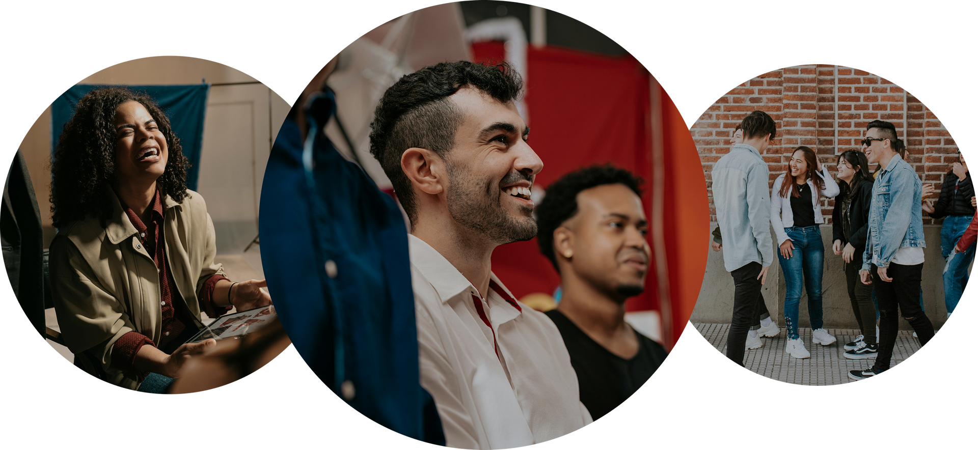 Three circular photos: a smiling speaker, an audience member cheering, and a small group standing outdoors