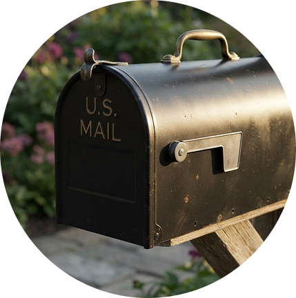 Black U.S. Mail mailbox on a wooden post outdoors, with a brass handle and blurred greenery behind it