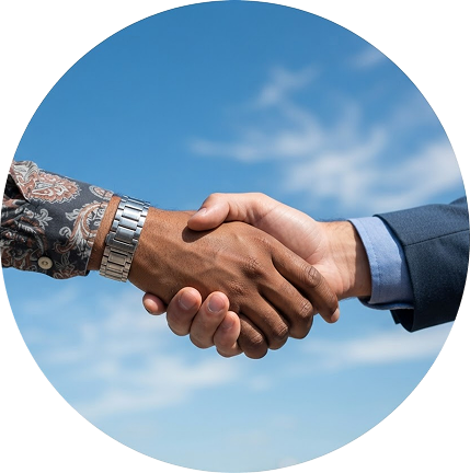 Two people in business attire shaking hands against a blue sky background