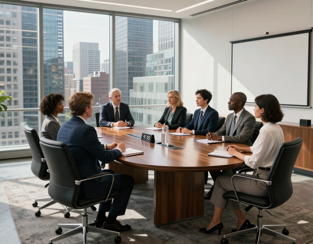 Business leaders in a boardroom overlooking a city skyline