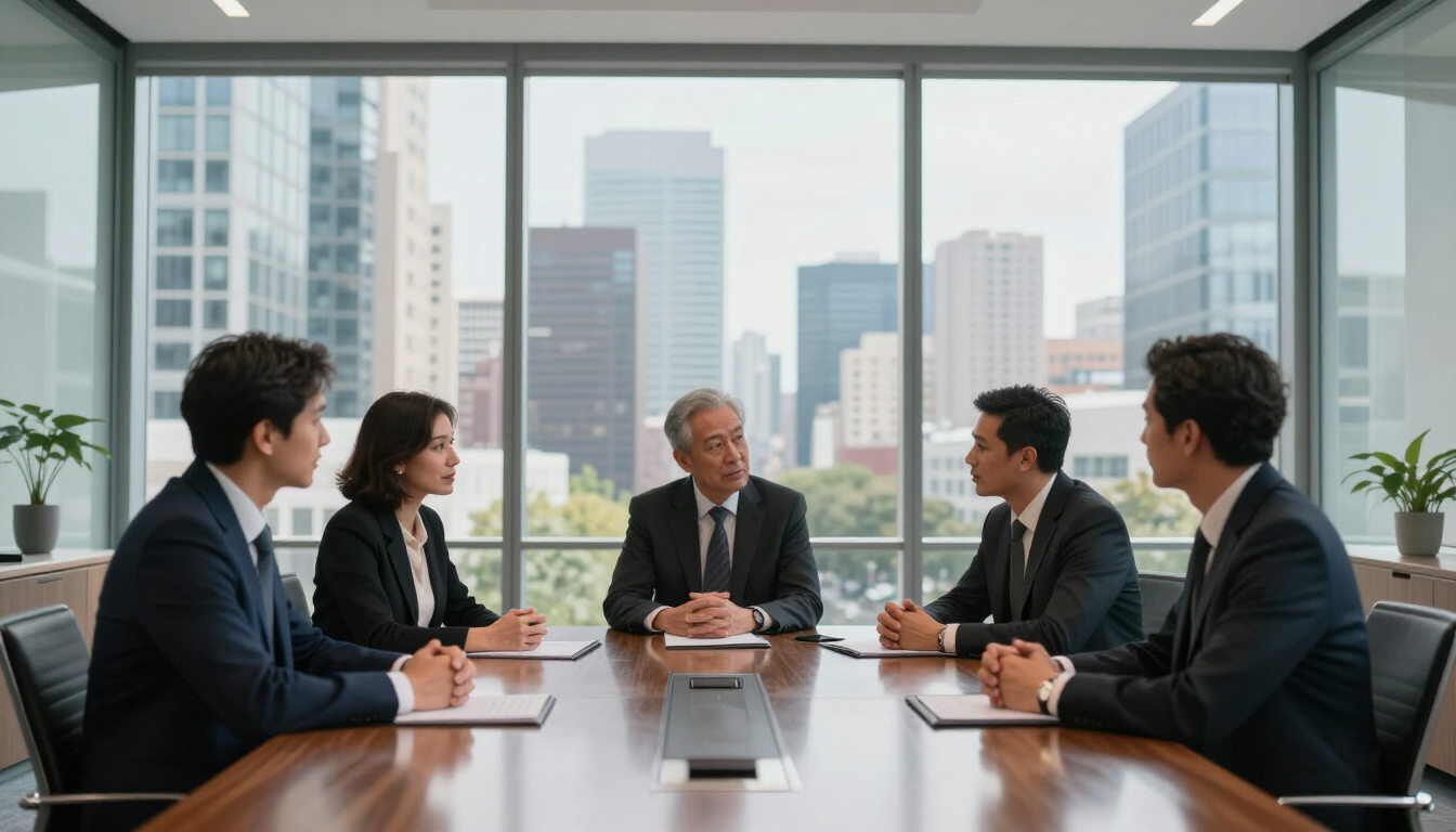 Business leaders in a modern meeting space overlooking a city
