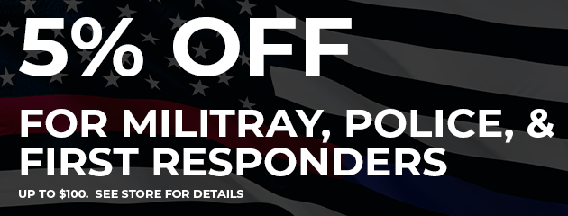 5% off for military, police, & first responders. Text on the background of the thin blue line American flag.