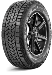 Black and gray winter tire mounted on a dark rim, angled against a white background.