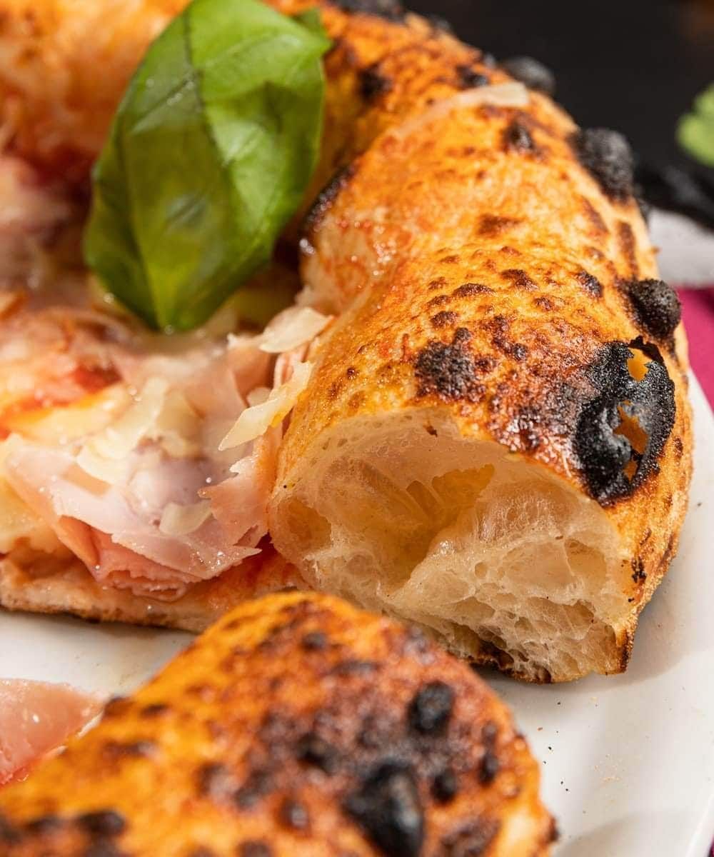 Primo piano di una fetta di pizza con la crosta bruciacchiata, basilico e formaggio fuso su un piatto bianco.
