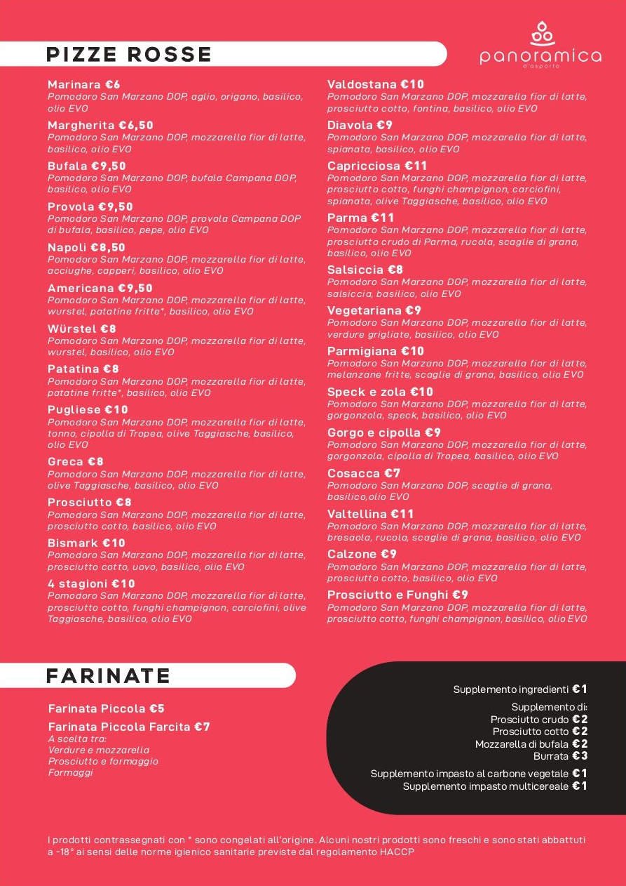 Menù di ristorante rosso con sezioni dedicate a pizza e focaccia, testo bianco e riquadro nero per i prezzi.