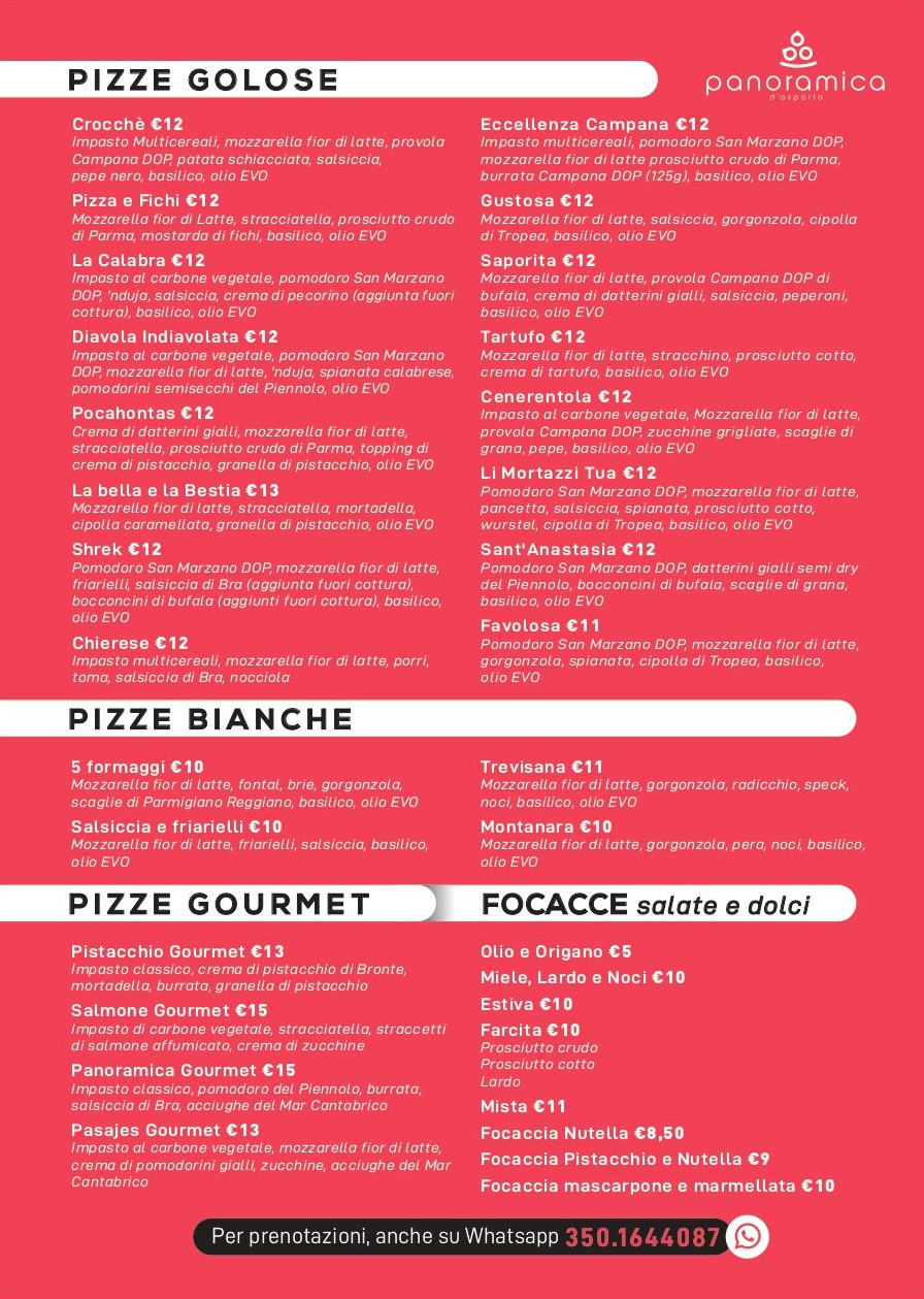 Red pizza menu with sections for pizze rosse, bianche, gourmet, and focacce.