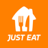 Logo di Just Eat: casa bianca con forchetta e coltello su sfondo arancione.