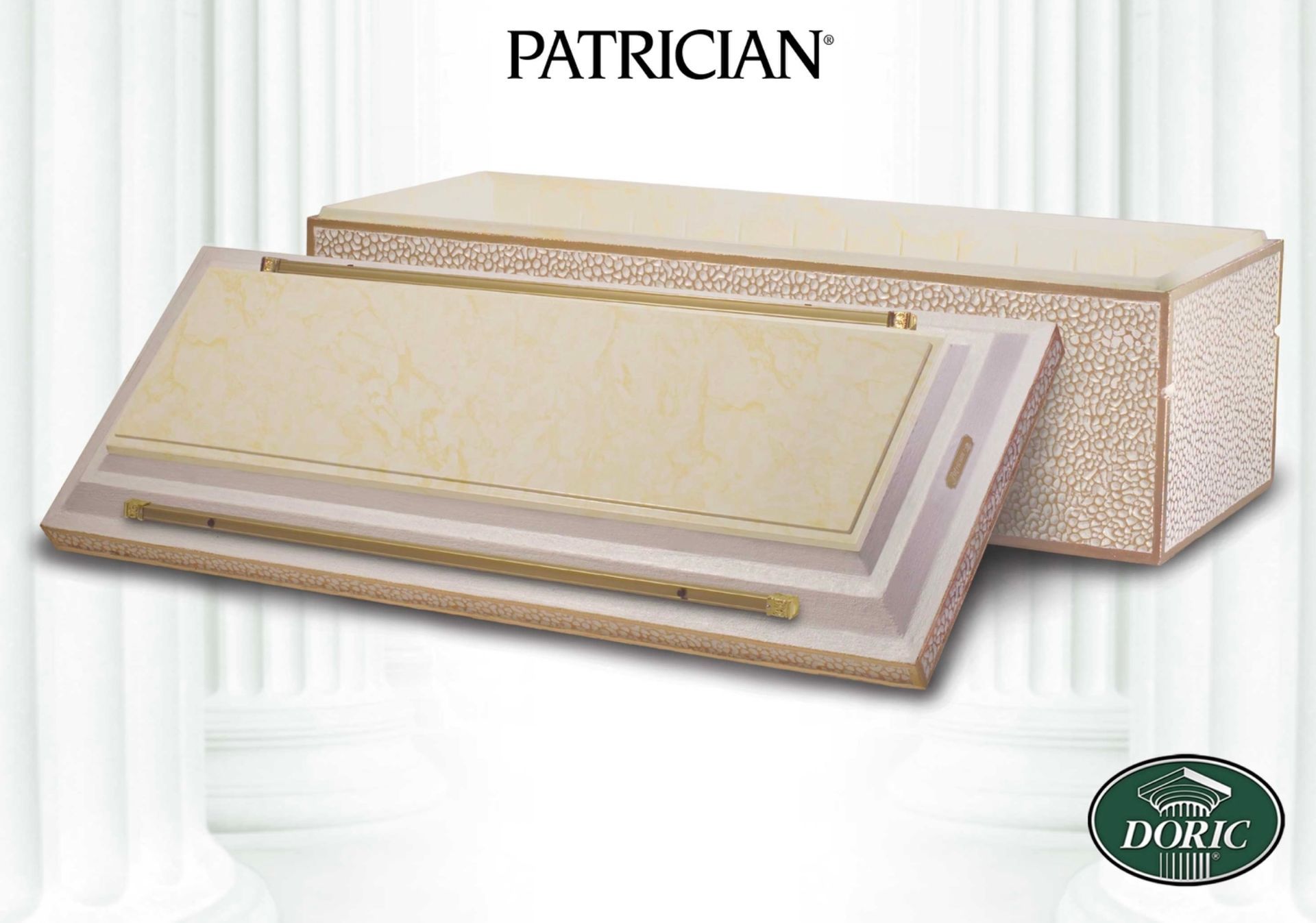 A Patrician burial vault, cream-colored with gold accents, shown with its lid angled in front of the base.