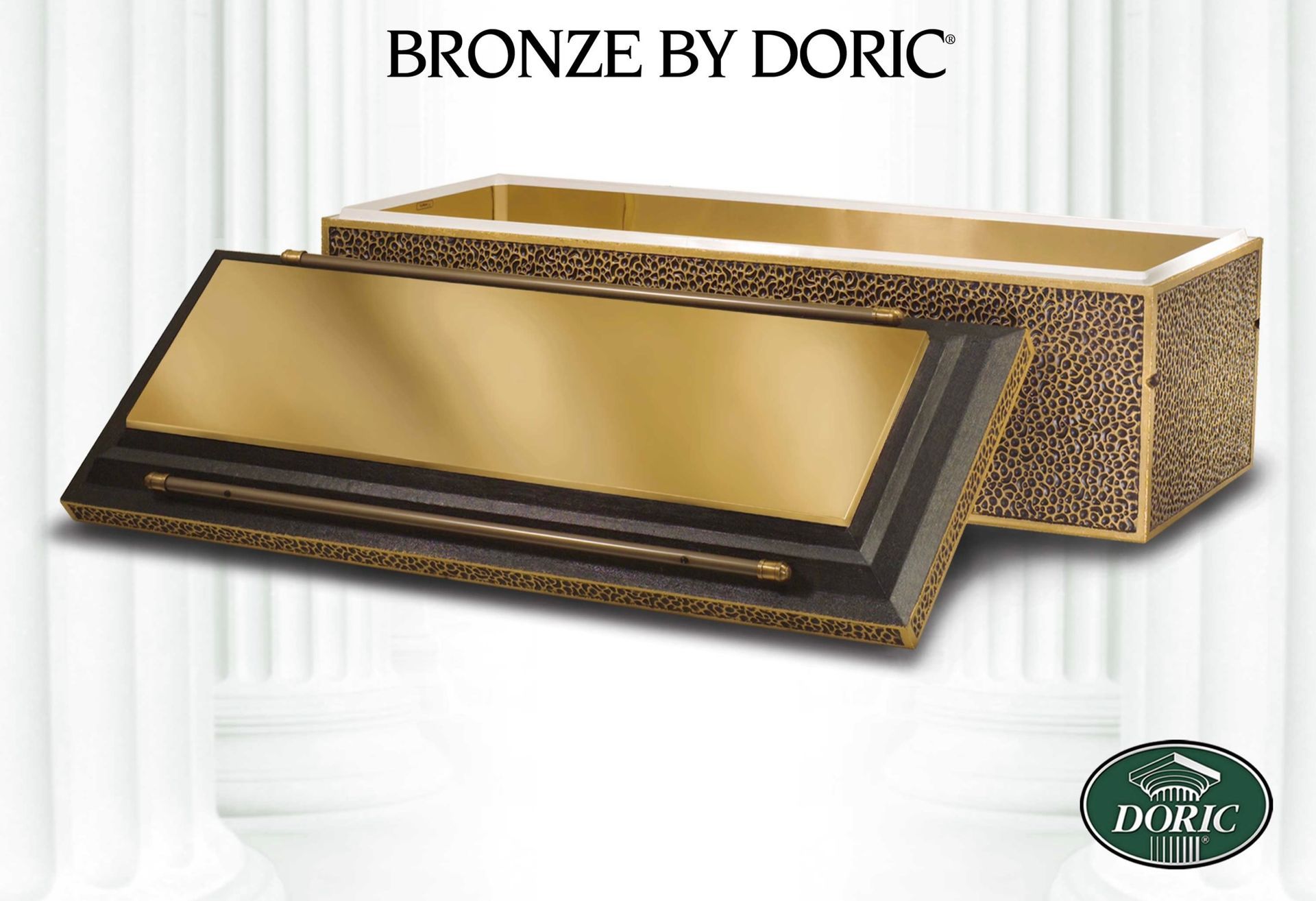 A rectangular bronze burial vault with a polished gold-toned lid, displayed against a white background with columns.