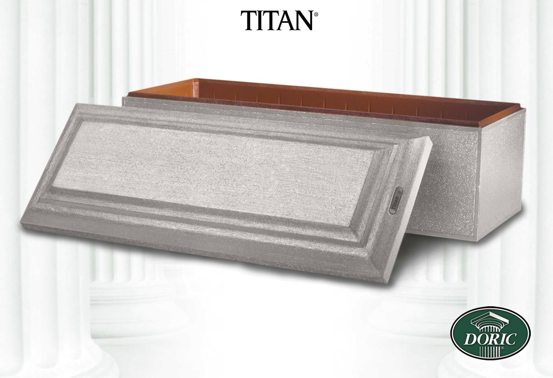 A silver Titan casket with an open lid, displayed against a backdrop of white pillars with a Dorr logo in the corner.