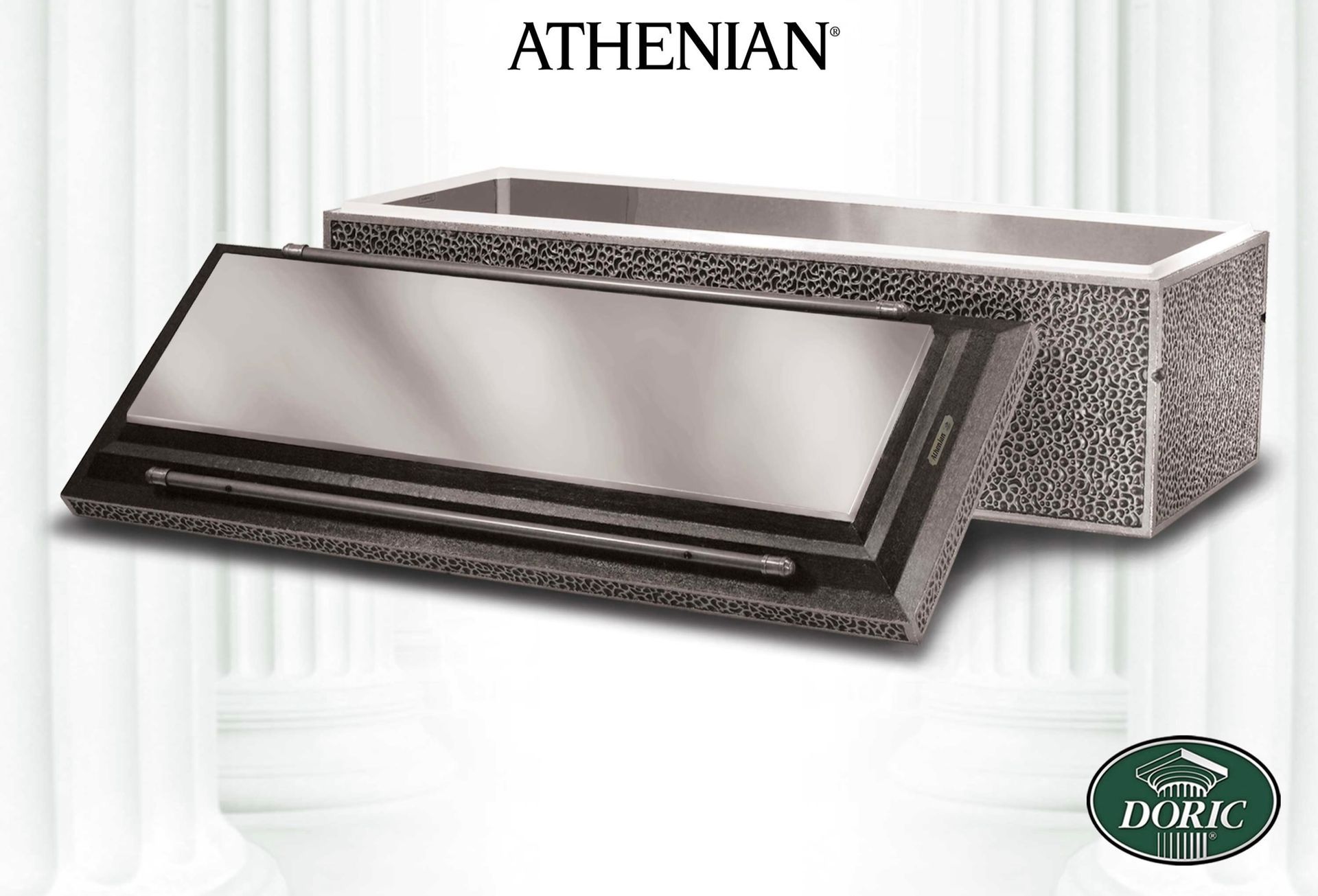 An Athenian burial vault featuring a stainless steel-lined cover and base against a backdrop of white columns.
