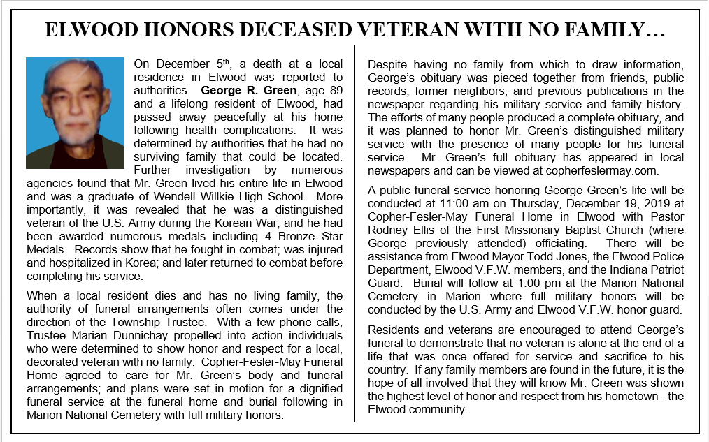 An announcement about a memorial service for veteran George R. Green in Elwood, including a photo of him.