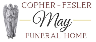 Logo for Copher-Fesler-May Funeral Home with an angel icon on the left.