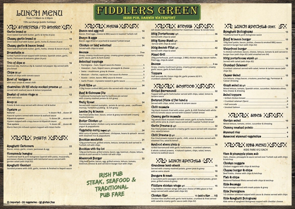Fiddler's Green Darwin Menus