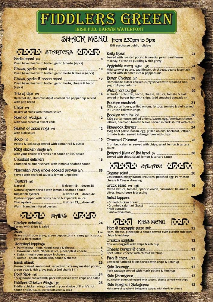 Fiddler's Green Darwin Menus