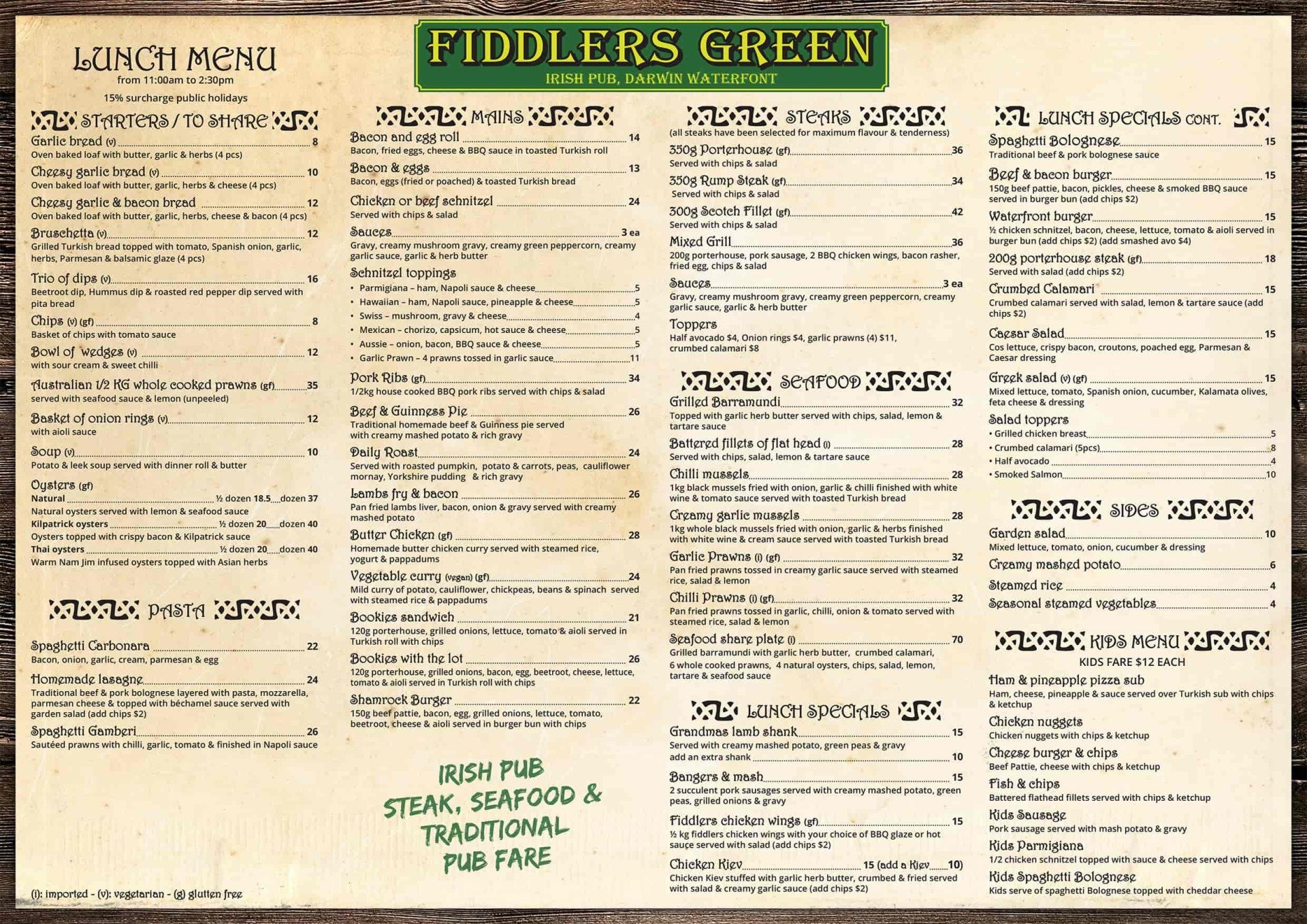 Fiddler's Green Darwin Menus