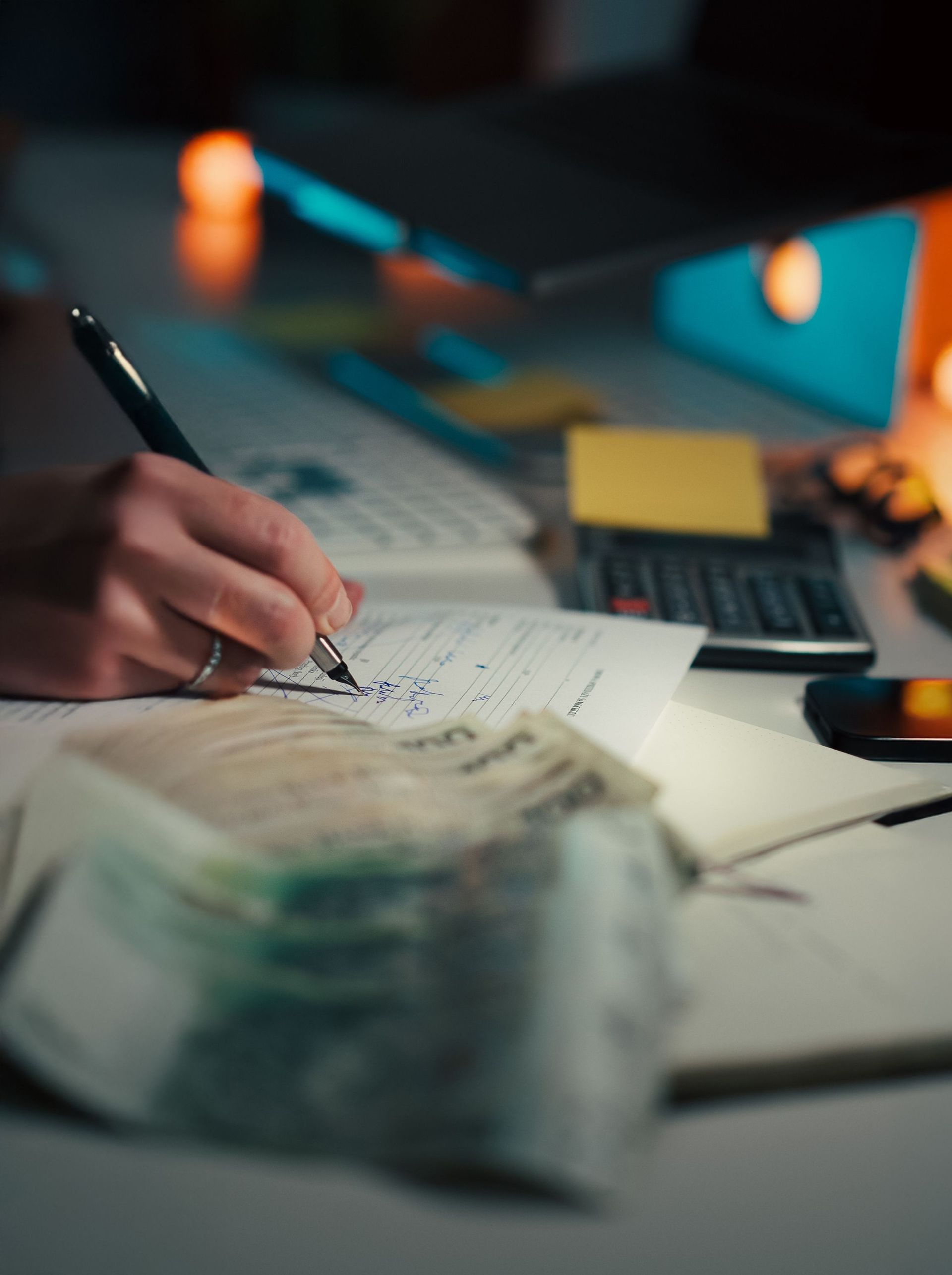 Hand writing notes at a desk with papers, cash, and a calculator in a dimly lit workspace