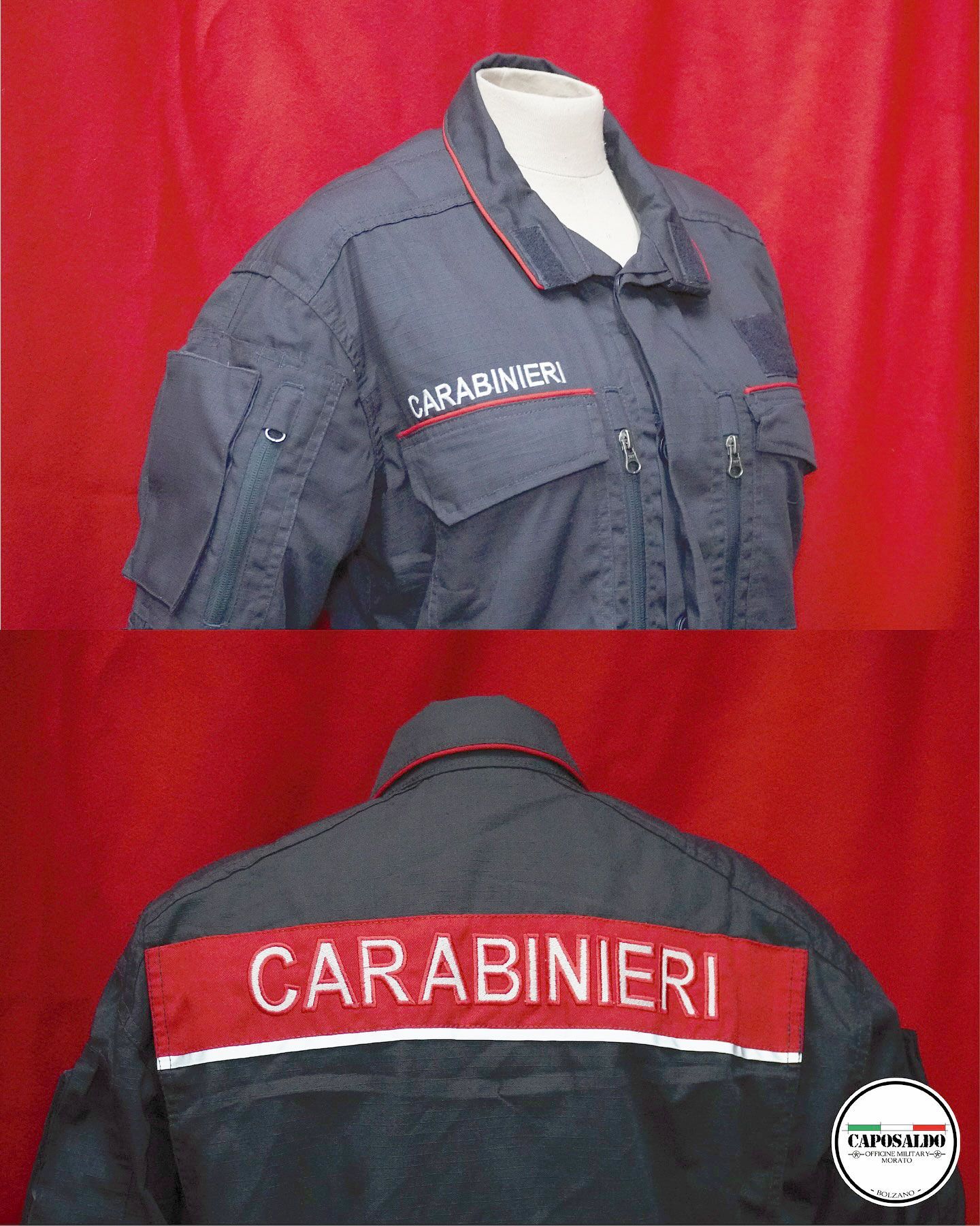 Fronte e retro di una giacca da uniforme scura con la scritta rossa