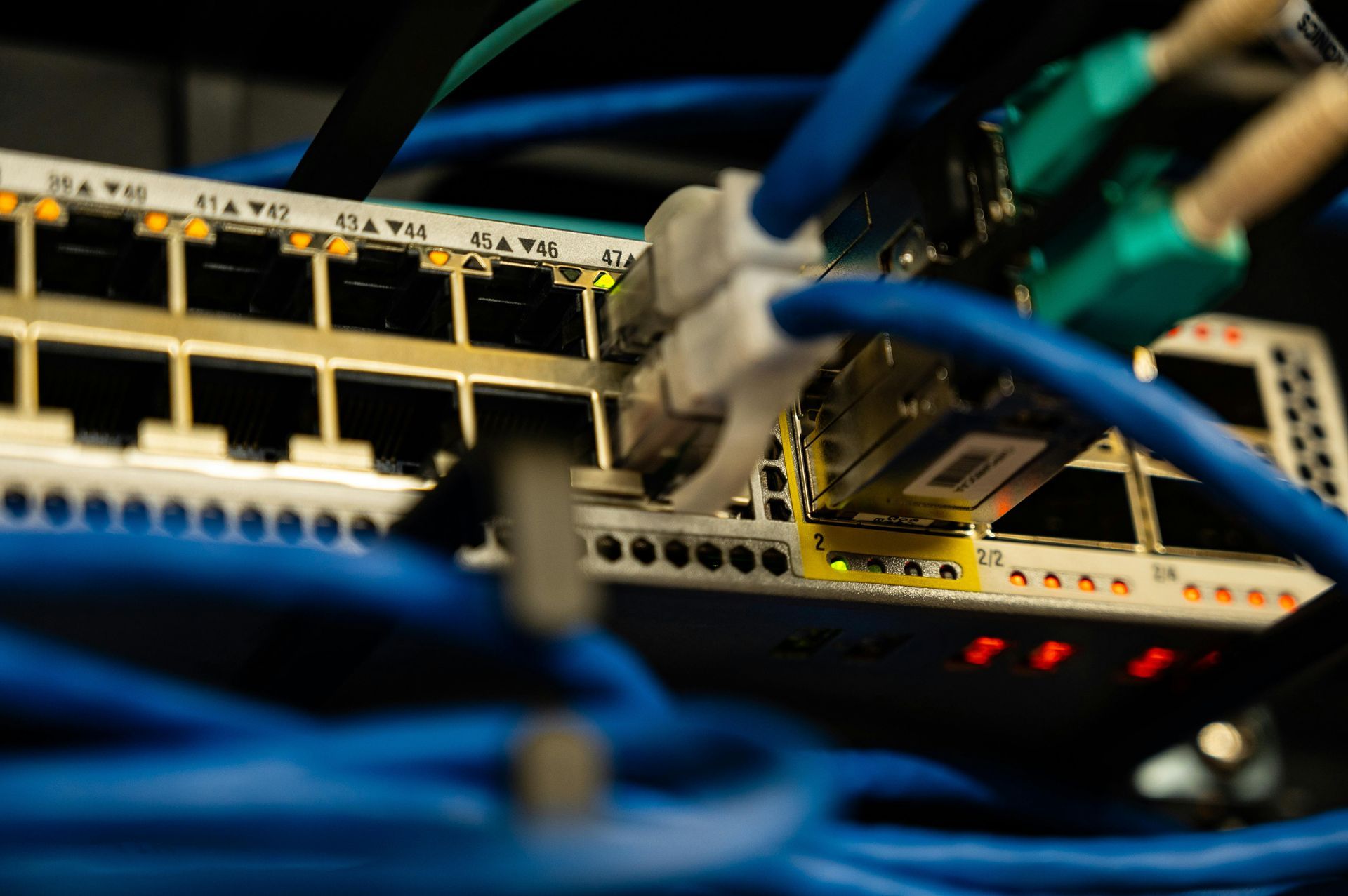 Network switch with blue and green cables connected, yellow and red indicator lights.