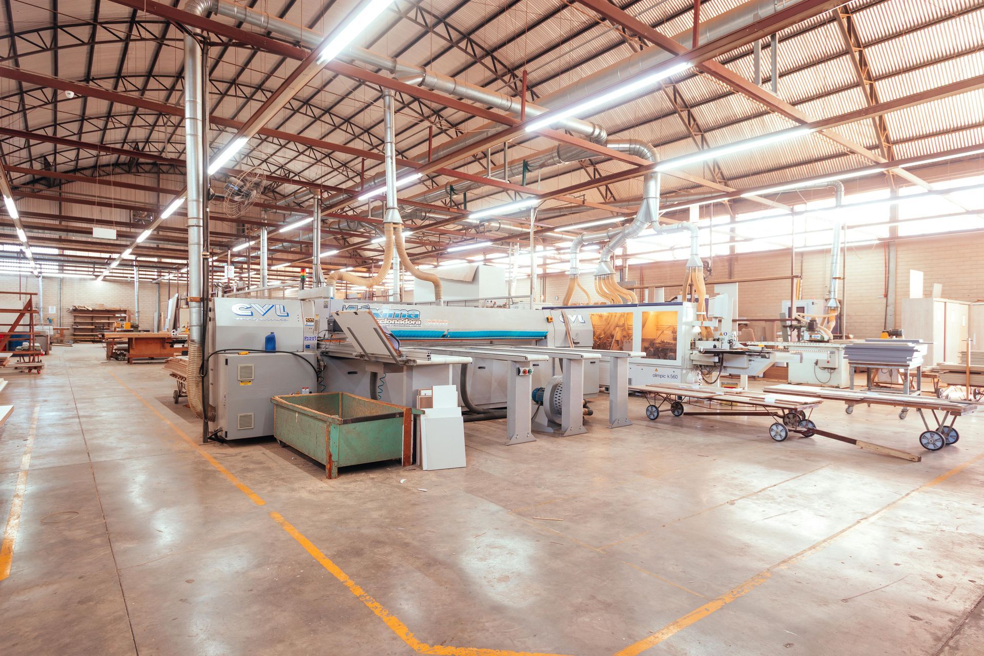 Industrial wood factory with machinery and equipment.