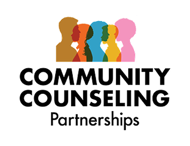 Community Counseling Partnerships logo: Silhouettes of diverse people in a row over black text.