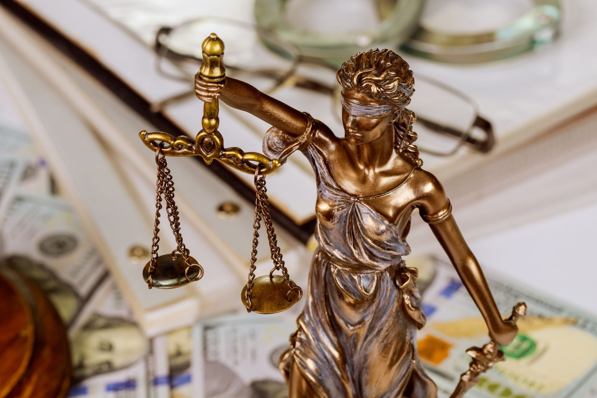 A statue of justice is sitting on top of a pile of money.