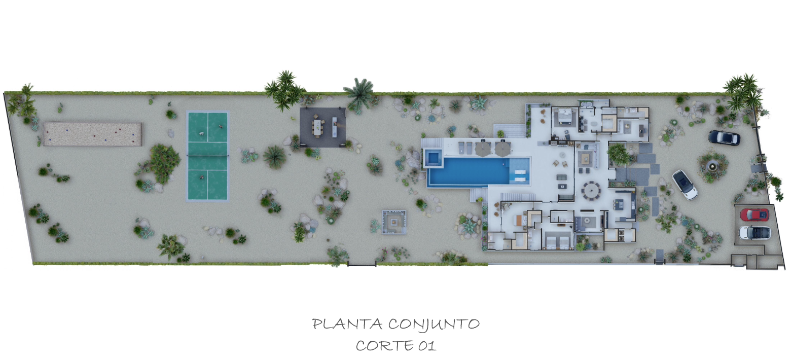 Vista aérea de una propiedad ajardinada con una casa moderna, piscina azul, pista de tenis y entrada para vehículos.