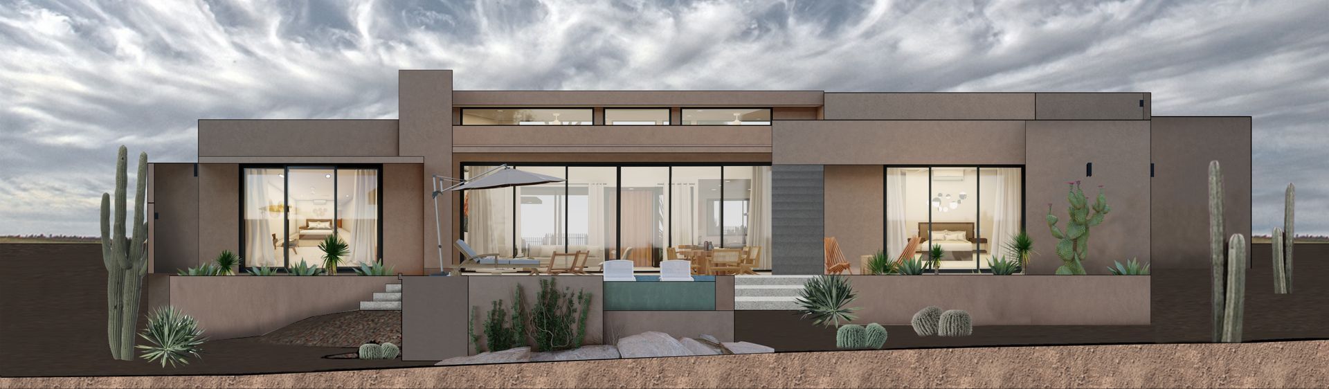 Exterior de una casa moderna de una sola planta con techo plano, grandes ventanales y una piscina central al atardecer.