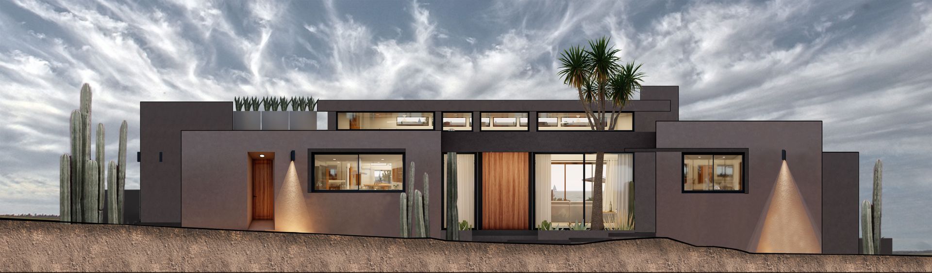 Casa moderna de una sola planta con grandes ventanales y techo plano al atardecer en un paisaje desértico.