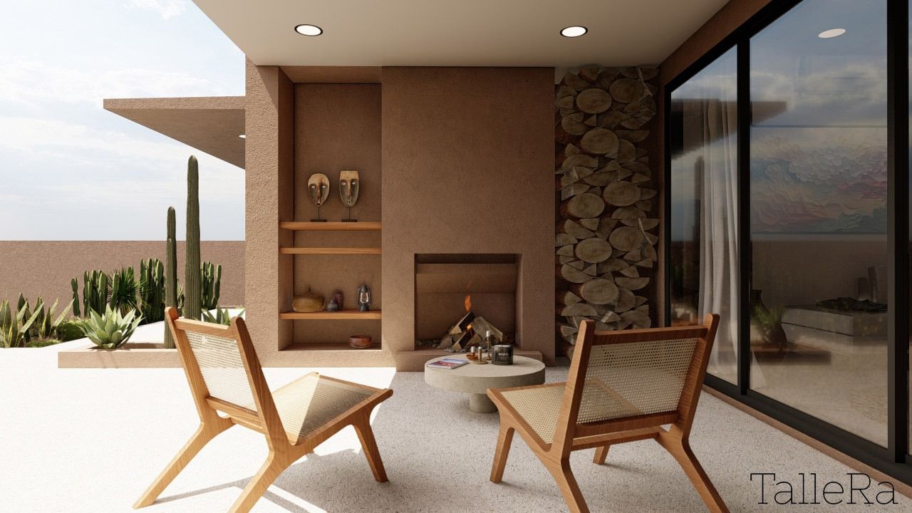 Patio moderno con dos tumbonas de madera, chimenea integrada, pared de piedra y puertas correderas de cristal.
