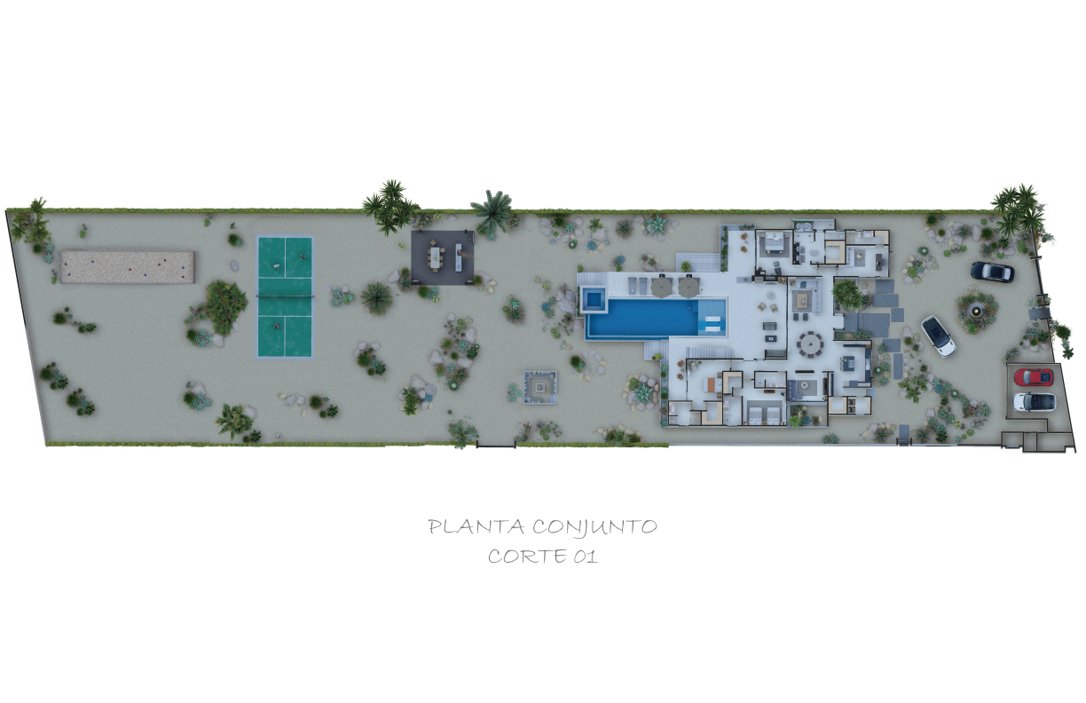Plano de patio trasero largo y estrecho con piscina, zona de estar en el patio y áreas ajardinadas.