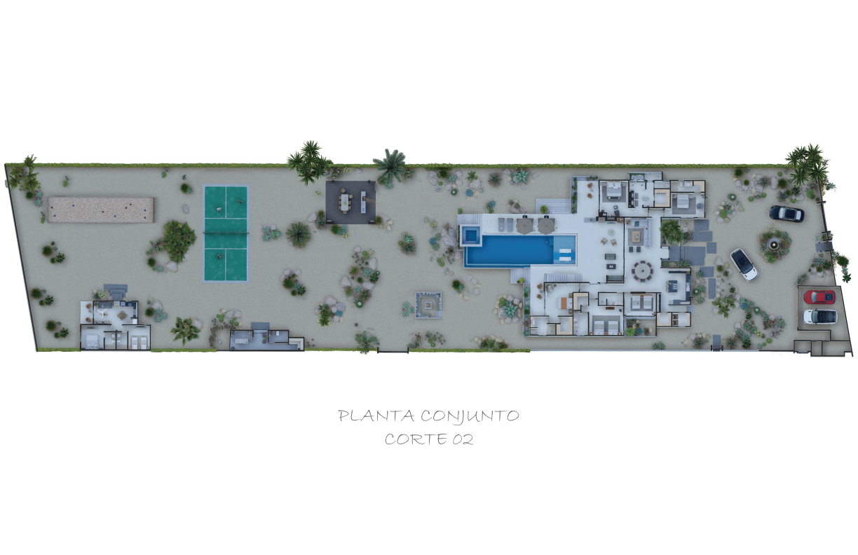 Plano de arriba hacia abajo de una propiedad rectangular alargada con piscina, patio, jardines y distribución del edificio.