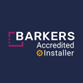 BARKERS Accredited Installer logo on dark background, white and pink text with yellow icon