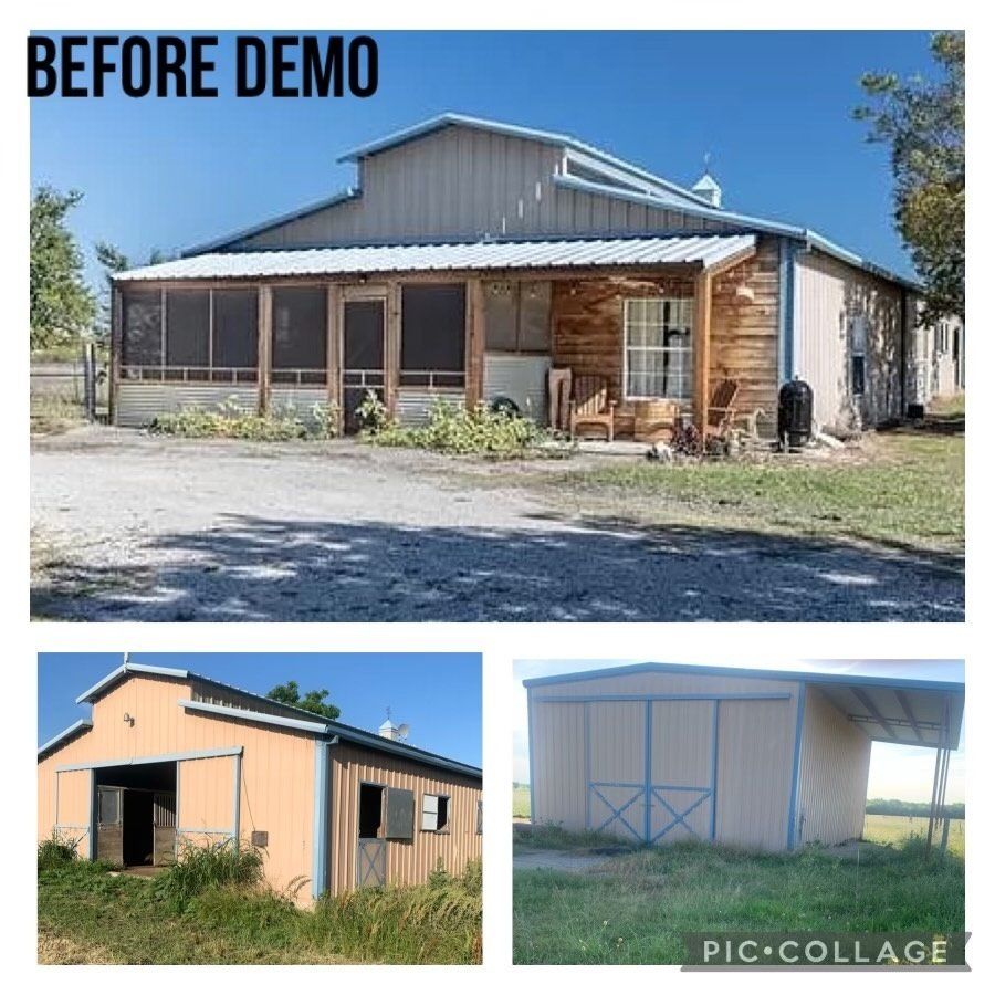 Collage of three images: barn before demo; one has a screened porch, the others feature tan and blue details.