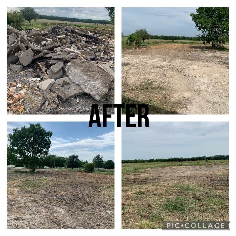 Four-panel collage showing a construction site before and after demolition, now a cleared lot.