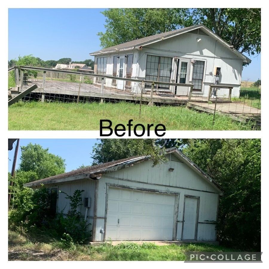 Top: Dilapidated white house with a porch. Bottom: matching structure with a garage door.