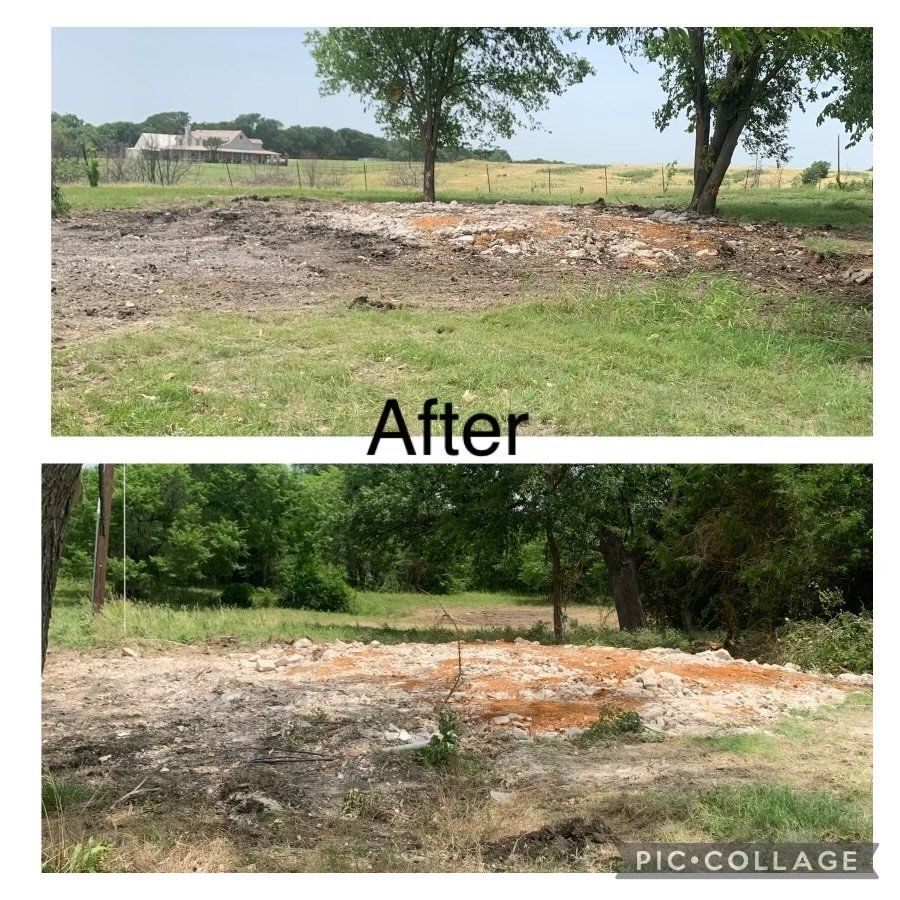 Before and after photos of a cleared area on a grassy lot with trees and a distant house.