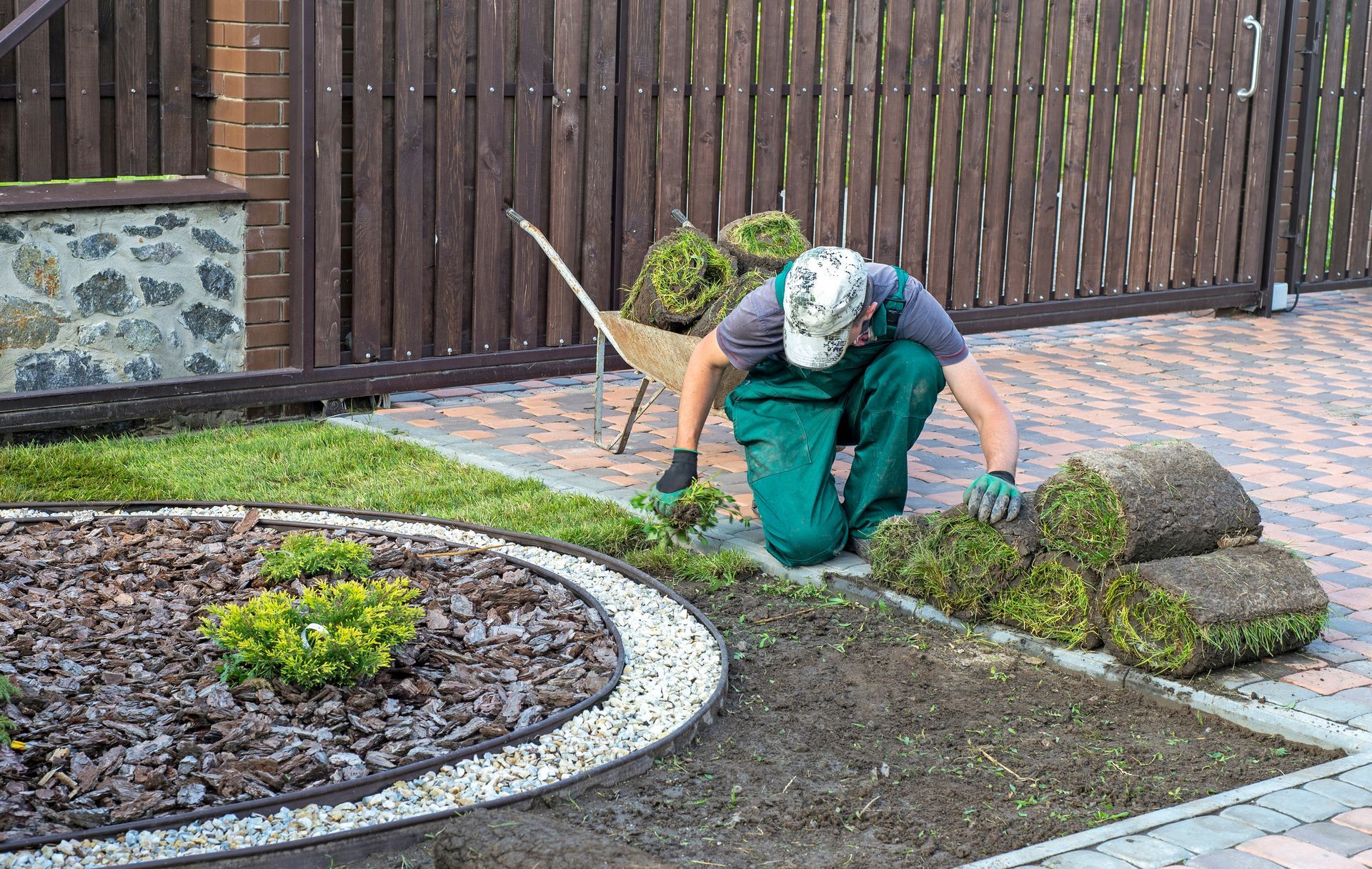 Man installing sod rolls in a garden bed with a wheelbarrow nearby.