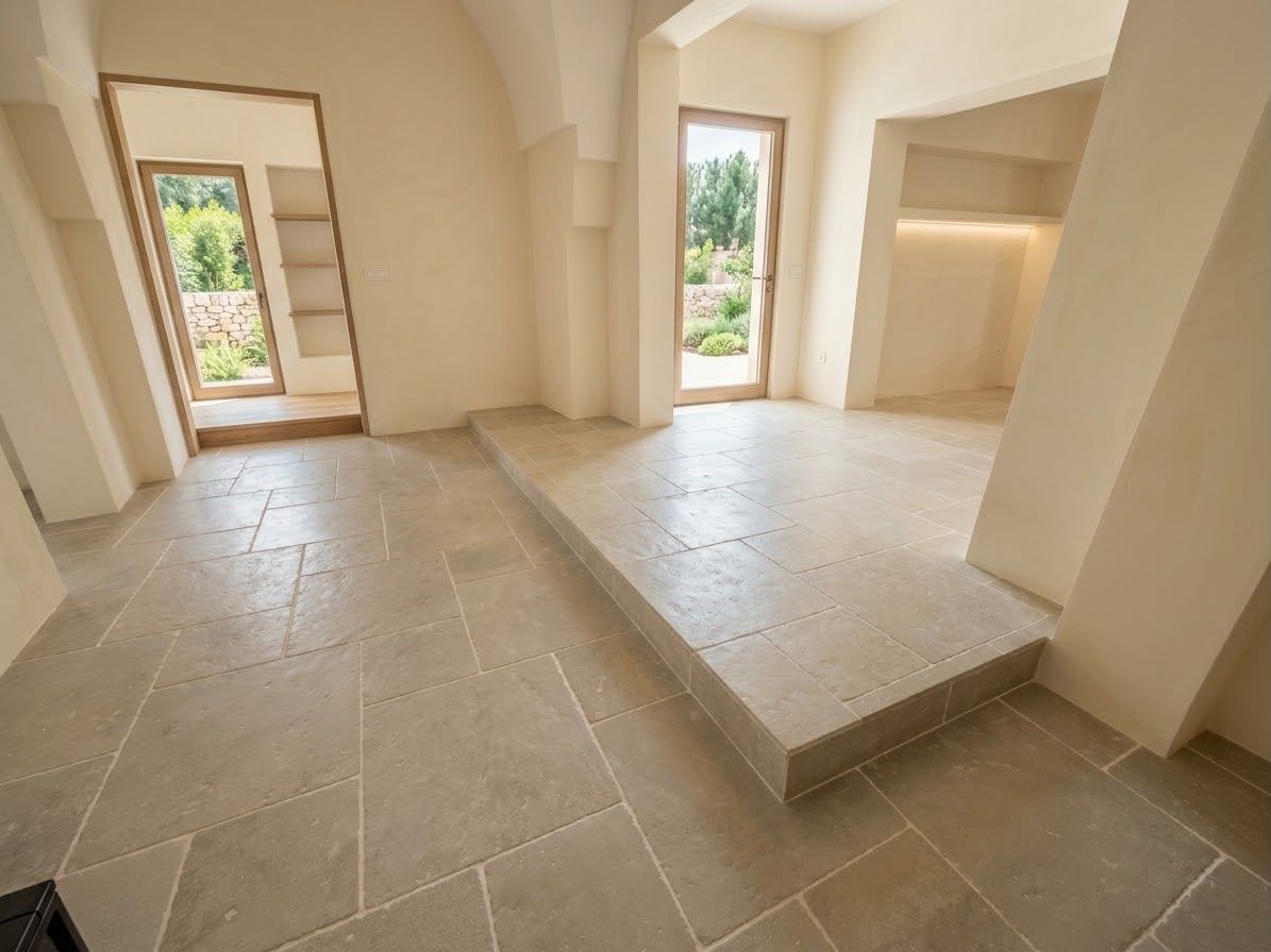 Stanza beige vuota con pavimento piastrellato, piattaforma rialzata e alte finestre e porte