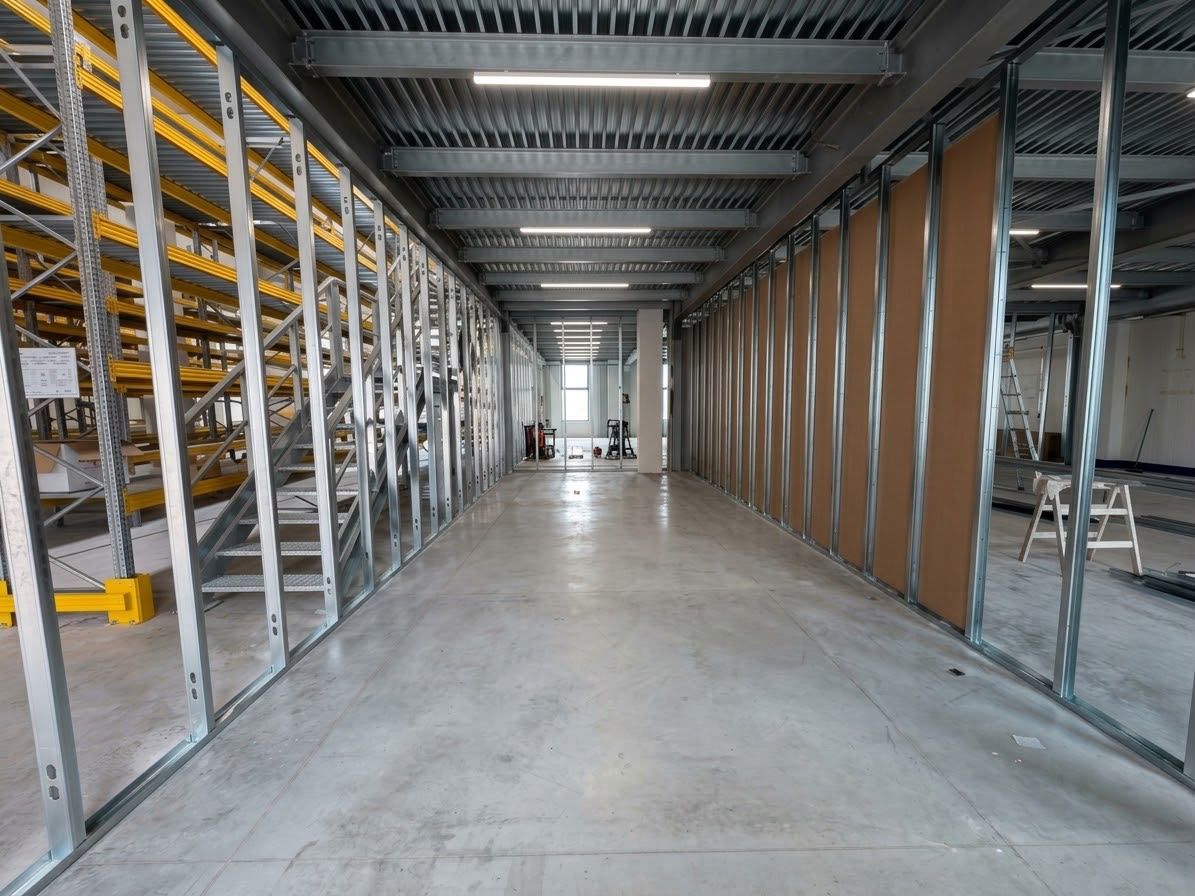 Corsia di magazzino vuota, con scaffalature metalliche a sinistra e pannelli impilati a destra