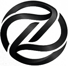 Logo astratto circolare in bianco e nero con una “Z” stilizzata e intrecciata
